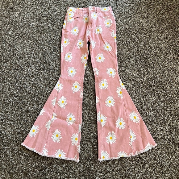 Color Theory Pink Daisy Flare Jeans - Picture 1 of 4